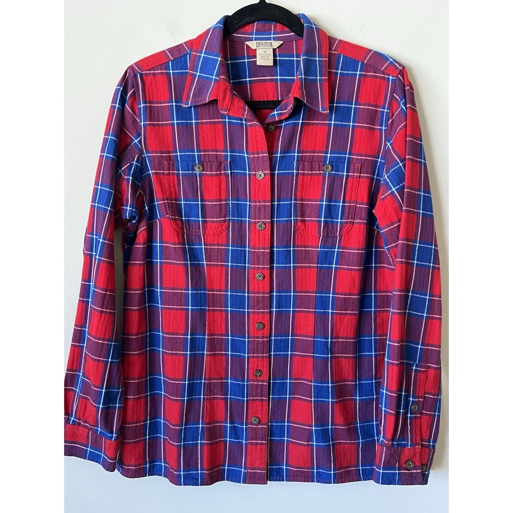Duluth Trading Flannel Shirt Womens Size Medium Blue Red Plaid Free Swinging